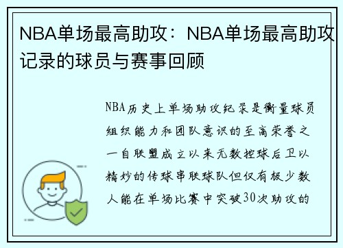 NBA单场最高助攻：NBA单场最高助攻记录的球员与赛事回顾