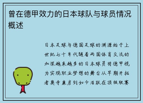 曾在德甲效力的日本球队与球员情况概述