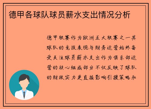 德甲各球队球员薪水支出情况分析